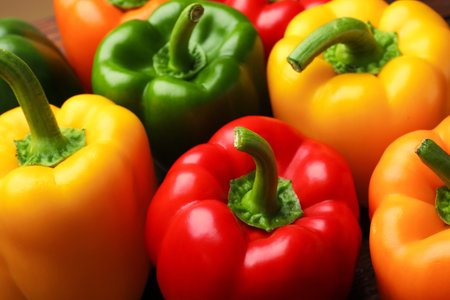 Fresh colorful bell peppers on table, closeup