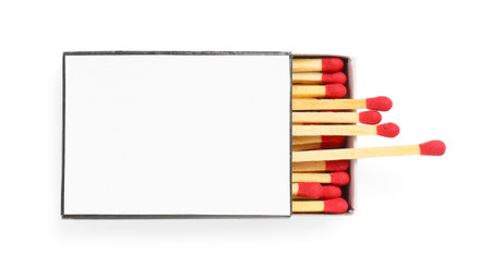 Matches in box isolated on white, top view. Mockup for designの写真素材