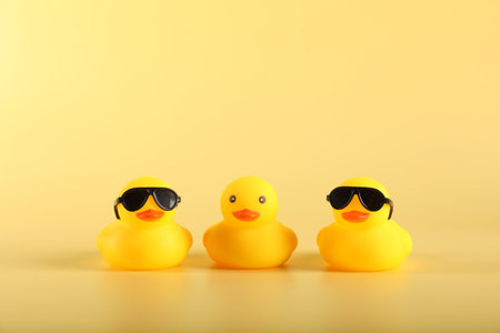 Three cute rubber ducks on yellow backgroundの写真素材