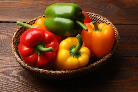 Fresh colorful bell peppers in wicker basket on wooden table, closeupの写真素材
