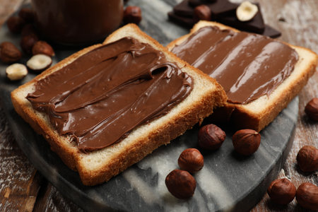 Toasts with tasty chocolate hazelnut spread and nuts on wooden table, closeupの写真素材