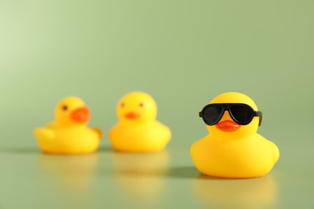 Three cute rubber ducks on green background, selective focusの写真素材