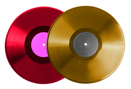 Two color vinyl records on white backgroundの写真素材