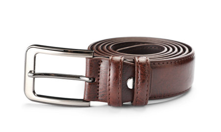 One brown leather belt isolated on whiteの写真素材