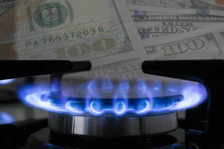 Gas burner with blue flame and dollar bills, double exposure. Gas tariffの写真素材