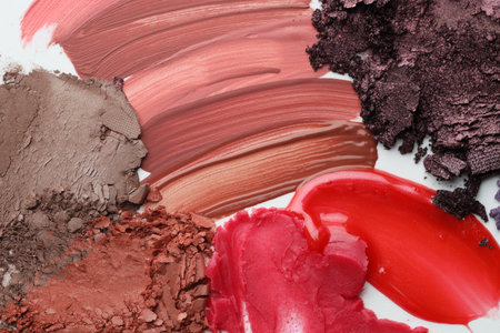 Different cosmetic products on white background, flat layの写真素材