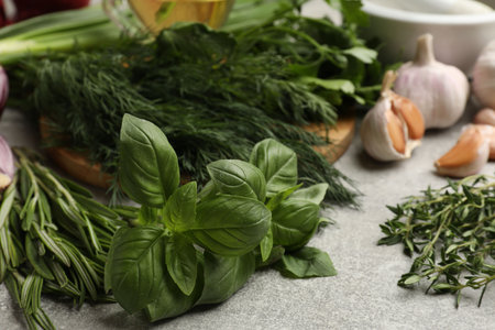 Different herbs and spices on grey table, closeupの写真素材