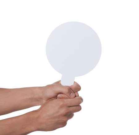 Man holding blank sign on white background, closeup. Mockup for designの写真素材