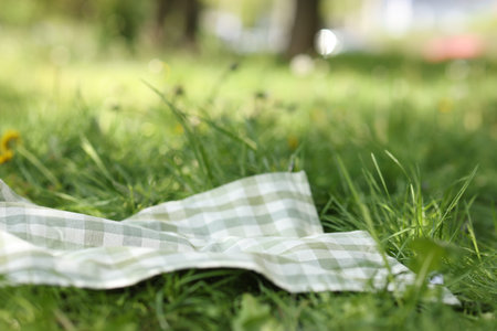 Checkered blanket for picnic on green grass outdoors, closeup