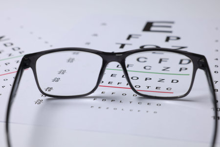 Glasses on vision test charts as background, closeup