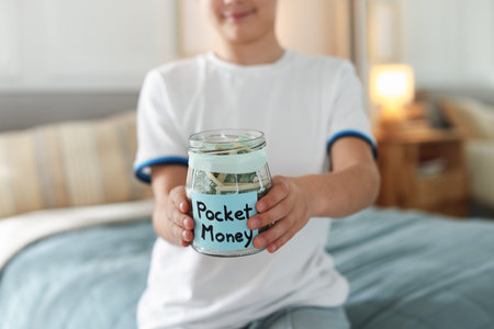 Boy with jar of pocket money on bed at home, closeup