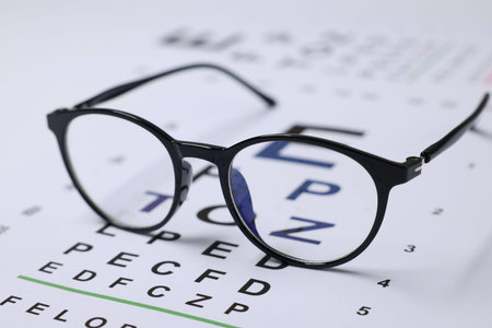 Glasses on vision test charts as background, closeup