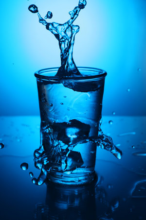Fresh water splashing out of glass on blue gradient background. Backlitの写真素材