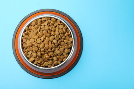 Dry pet food in feeding bowl on light blue background, top view. Space for textの写真素材