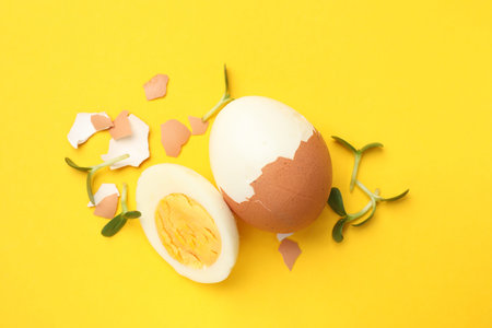 Hard boiled eggs with microgreens on yellow background, flat lay