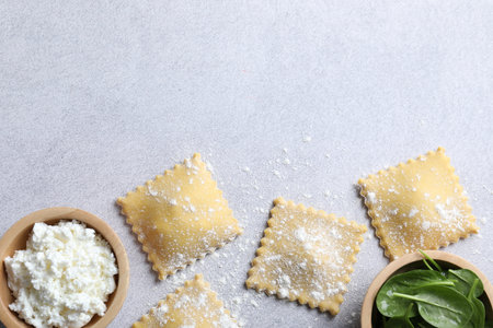 Uncooked ravioli, cottage cheese and spinach on light table, flat lay. Space for textの写真素材