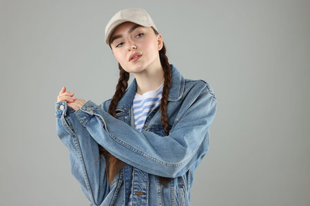 Portrait of beautiful woman in stylish baseball hat on grey background
