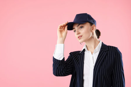 Beautiful woman in stylish baseball hat on pink background. Space for textの写真素材