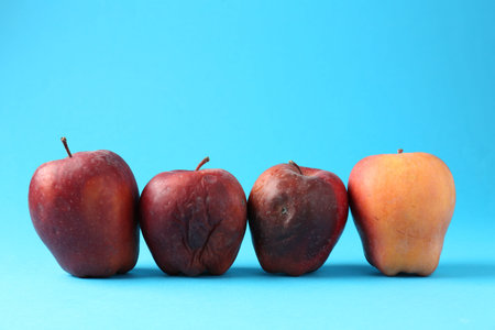 Damaged red apples on light blue background. Space for textの写真素材