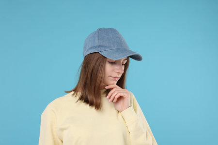 Young woman wearing stylish denim baseball hat on light blue background