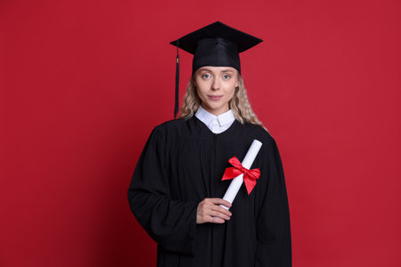 Student with diploma after graduation on red backgroundの写真素材