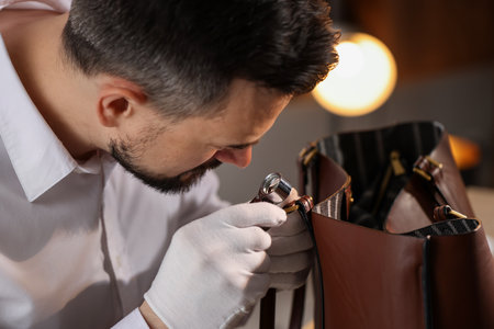 Appraiser with loupe evaluating leather bag indoorsの写真素材