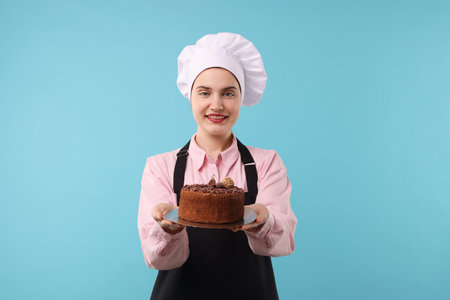 Confectioner with delicious chocolate cake on light blue backgroundの写真素材