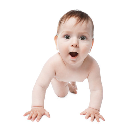 Cute little baby crawling on white backgroundの写真素材