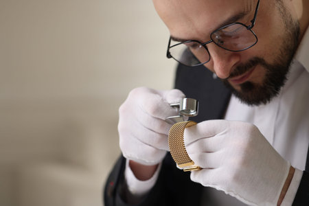 Appraiser with loupe evaluating luxury bracelet indoors, space for text