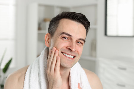 Portrait of smiling man after shaving at homeの写真素材