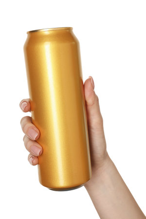 Woman with tin can on white background, closeupの写真素材