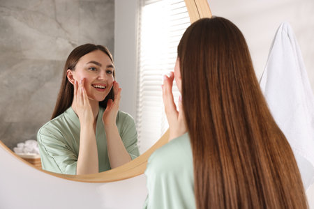 Beautiful woman looking at herself in mirror indoorsの写真素材
