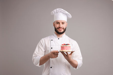 Happy confectioner in uniform holding delicious cake with berries on light grey backgroundの写真素材