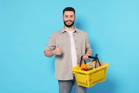 Man with shopping basket full of products showing thumbs up on light blue backgroundの写真素材