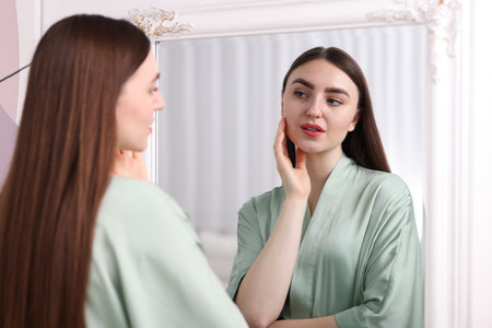 Woman with healthy skin looking at mirror indoorsの写真素材