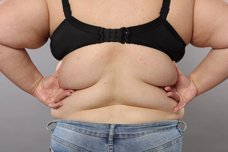 Overweight woman on grey background, back viewの写真素材