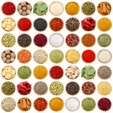 Different aromatic spices in bowls isolated on white, set. Top viewの写真素材