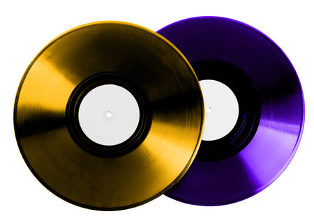 Two color vinyl records on white backgroundの写真素材