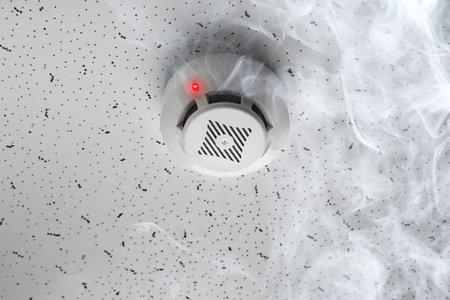 Fire alarm system. Detector on ceiling triggered by smokeの写真素材