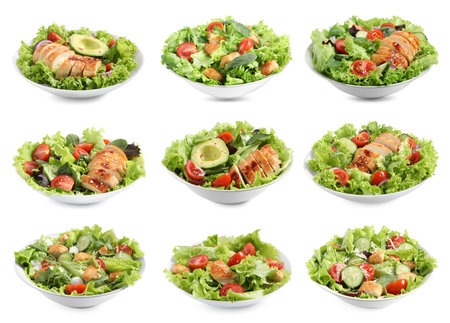 Tasty fresh salads with meat on white background, setの写真素材