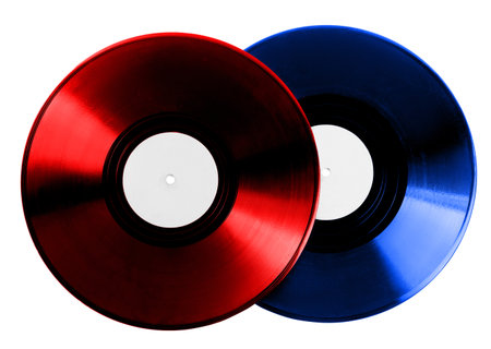 Two color vinyl records on white backgroundの写真素材