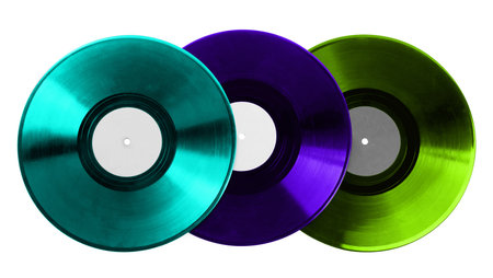 Three color vinyl records on white backgroundの写真素材