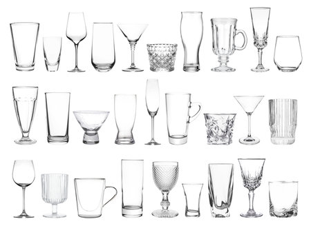 Different empty clean glassware on white background, collageの写真素材