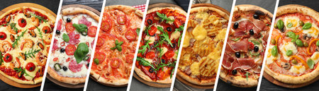 Collage of different delicious pizzas, top view. Banner designの写真素材