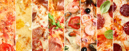 Collage of different delicious pizzas, top view. Banner designの写真素材