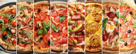 Collage of different delicious pizzas, top view. Banner designの写真素材