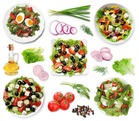 Tasty salads with fresh ingredients on white background, collageの写真素材