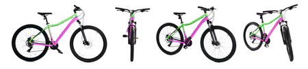 Color bicycle on white background, collage. View from different sides