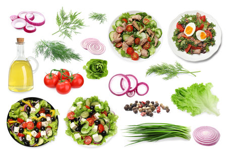 Tasty salads with fresh ingredients on white background, collageの写真素材