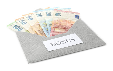 Envelope with word Bonus and euro banknotes isolated on whiteの写真素材